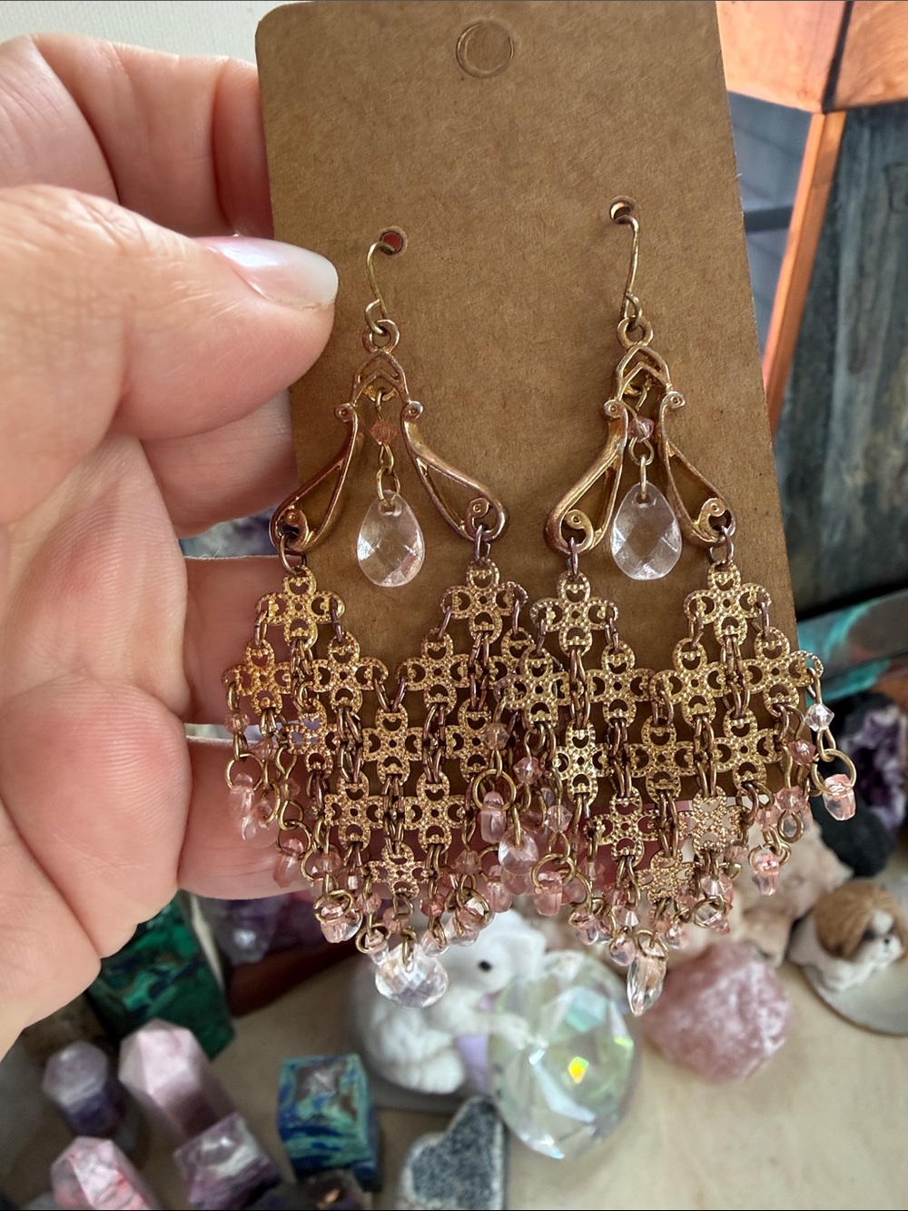 Gold and Pink Crystal Filigree Chandelier Earrings